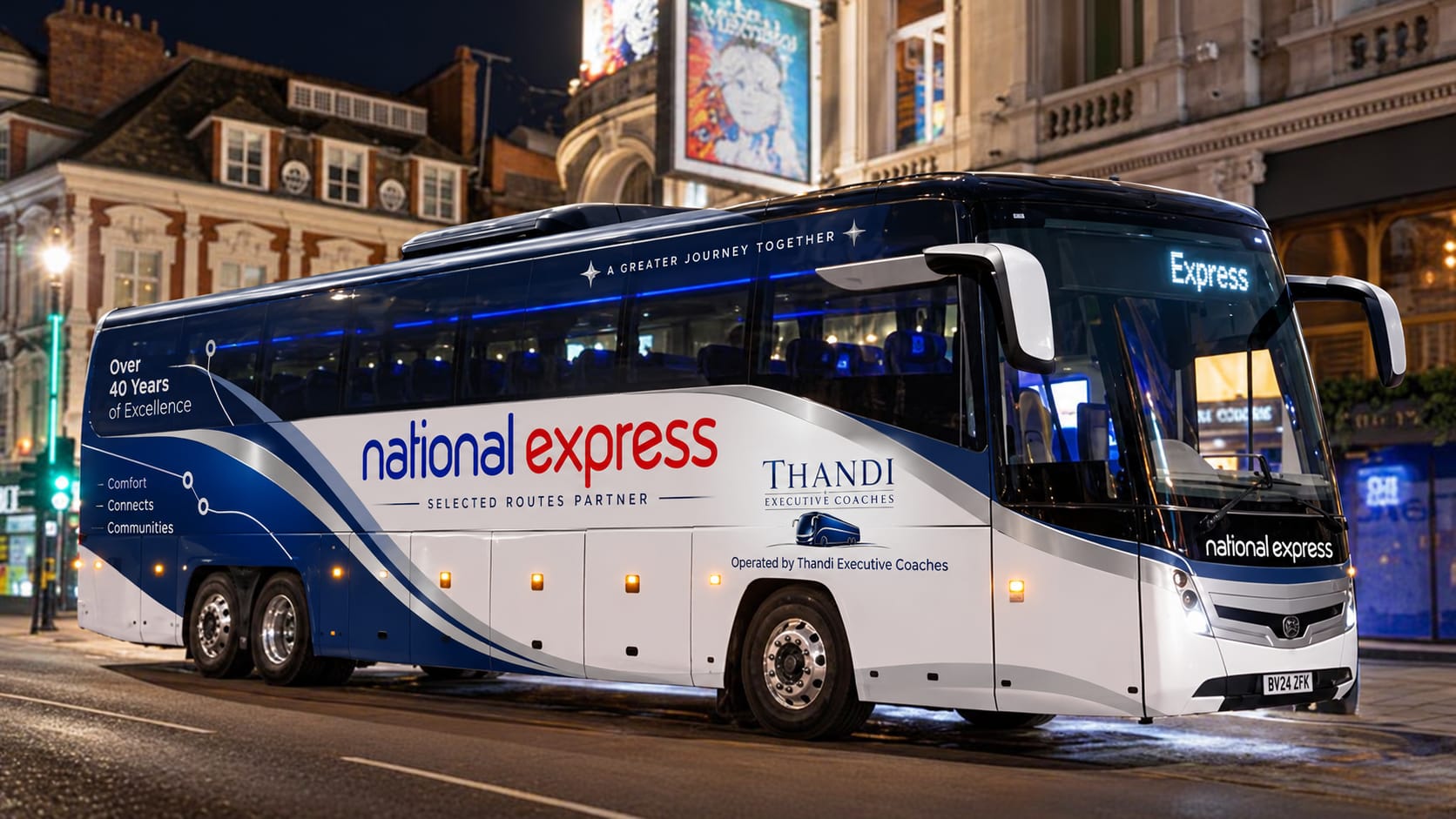 Executive coach travelling at dusk