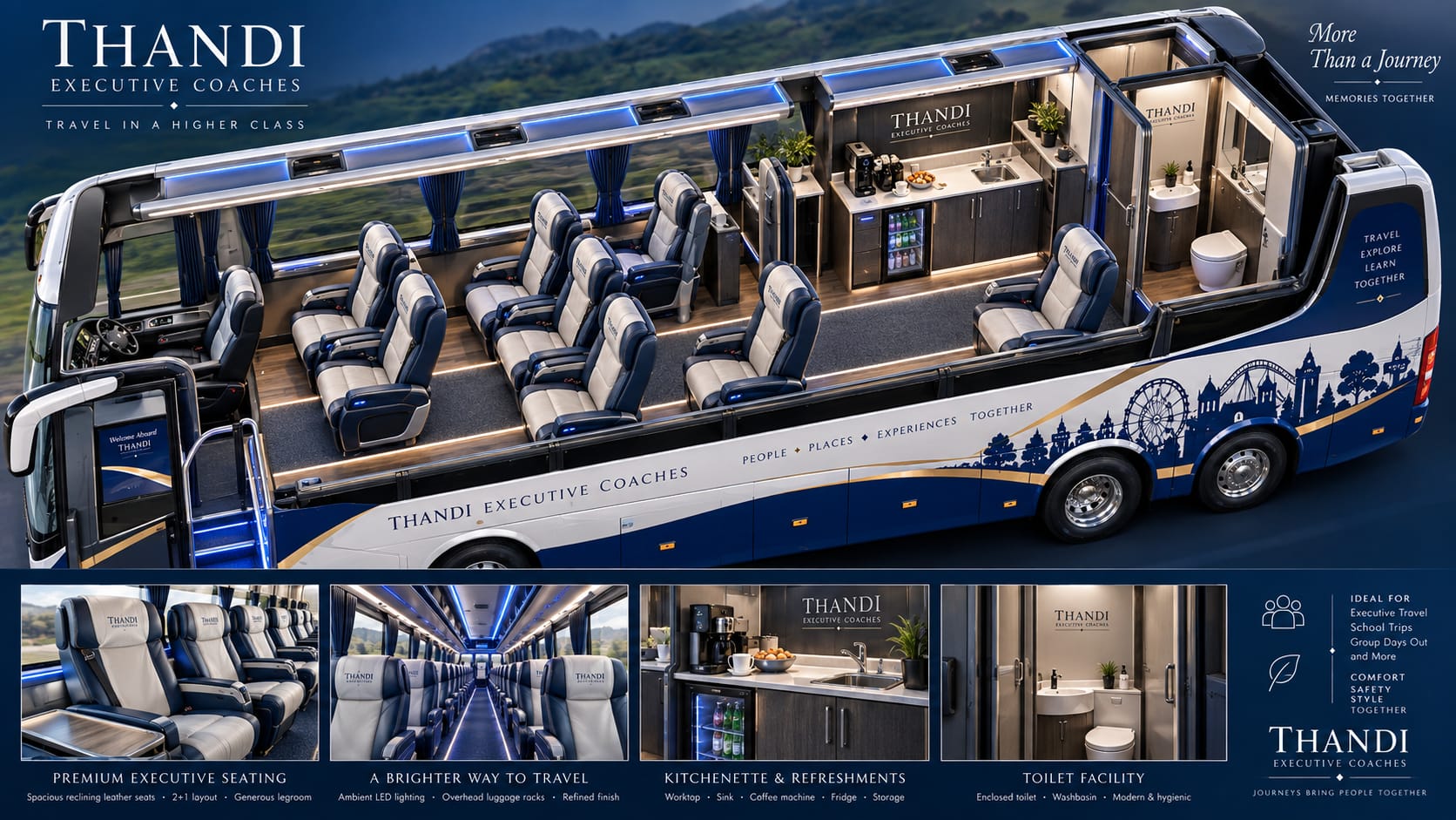 Inside an executive coach: reclining leather seating, ambient lighting, kitchenette and on-board toilet