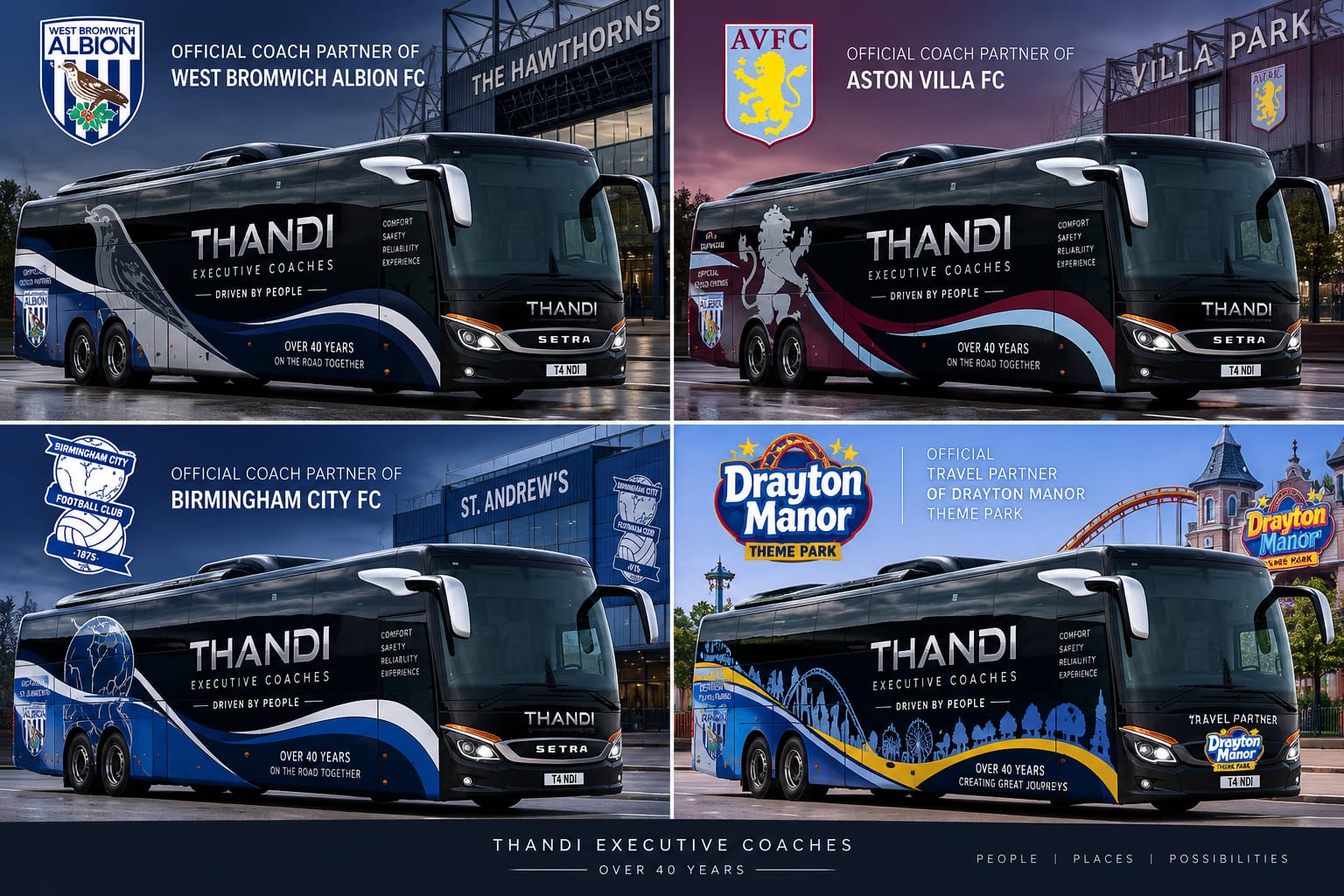 Executive coaches in West Bromwich Albion FC, Aston Villa FC, Birmingham City FC and Drayton Manor Theme Park partner liveries